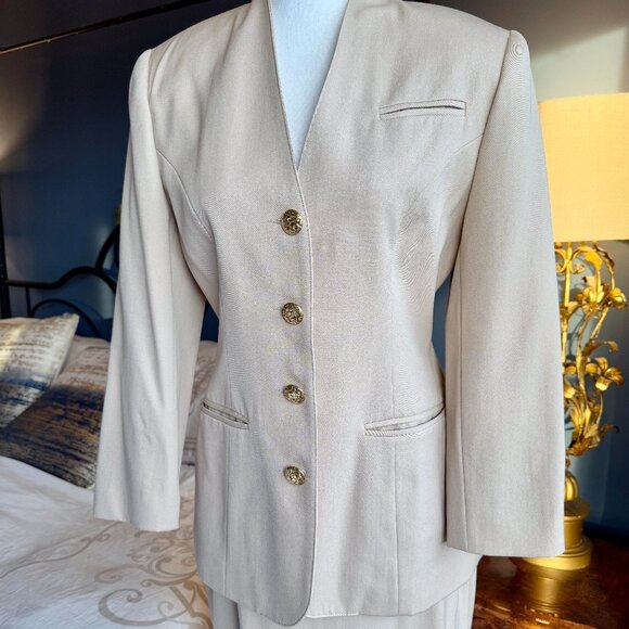 Vintage 90s Beige Skirt Suit w Gold Buttons - Picture 3 of 16